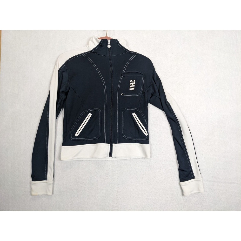 Nike Track Jacket Size S White Stripe Full Zip Spellout Pocket Polyester Black